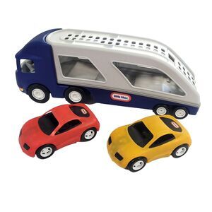 Little Tikes Vtg Car Carrier Hauler 28" Blue Large Semi Truck Trailer & 2 Cars